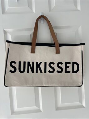 SUNKISSED Canvas Tote Bag in Cream with Brown Handles
